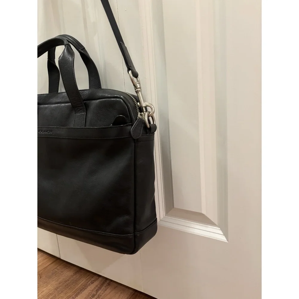 Coach Hudson Slim Briefcase Black Leather Laptop Bag Mens F71561 Crossbody Strap